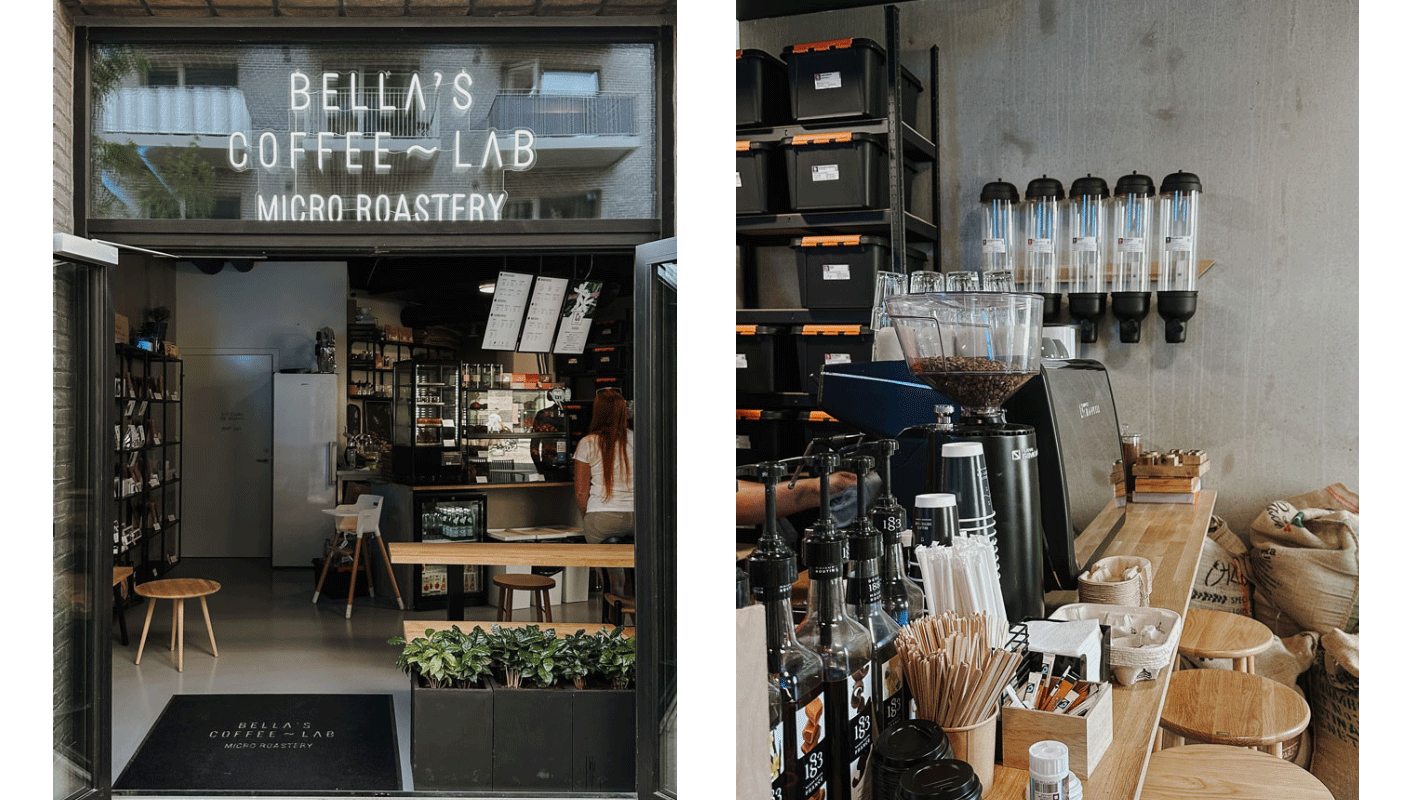 Zwei Bilder nebeneinander mit der Front- und Innenansicht eines Coffeeshops